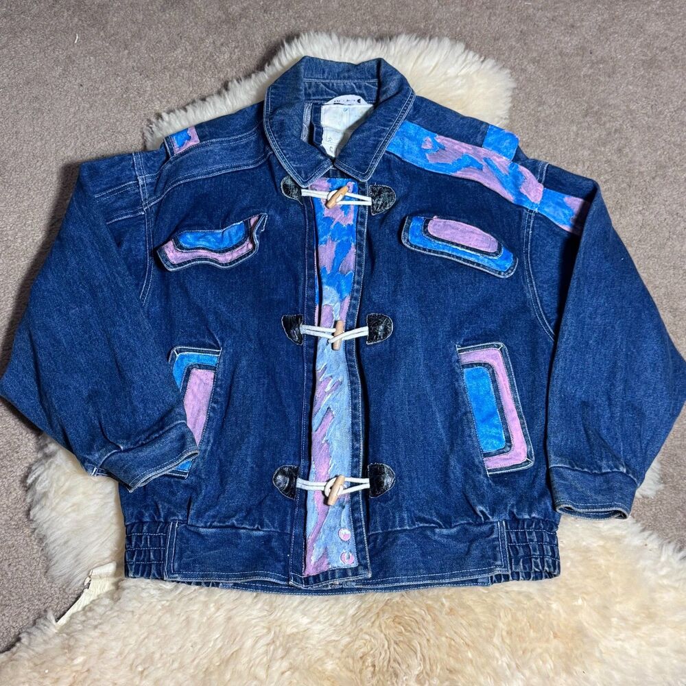 Vintage 1980s Gitano Hand Painted Denim Bomber Jacket Oversized Size M